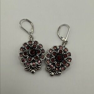 Silver Tone Gingersnaps Pink Rhinestone Flower Dangle Drop Statement Earrings